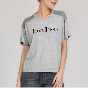 Bebe Sport Logo Boxy T-Shirt Mesh Shoulder Stretch Top Retro Grey Black Casual
